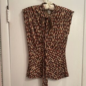Diane Von Furstenberg Brown and Cream Sleeveless Tie Front Blouse